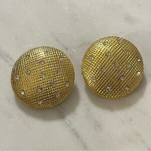 Vintage Designer Style Rhinestone Clip On Shield Dome Gold Tone Fashion Earrings